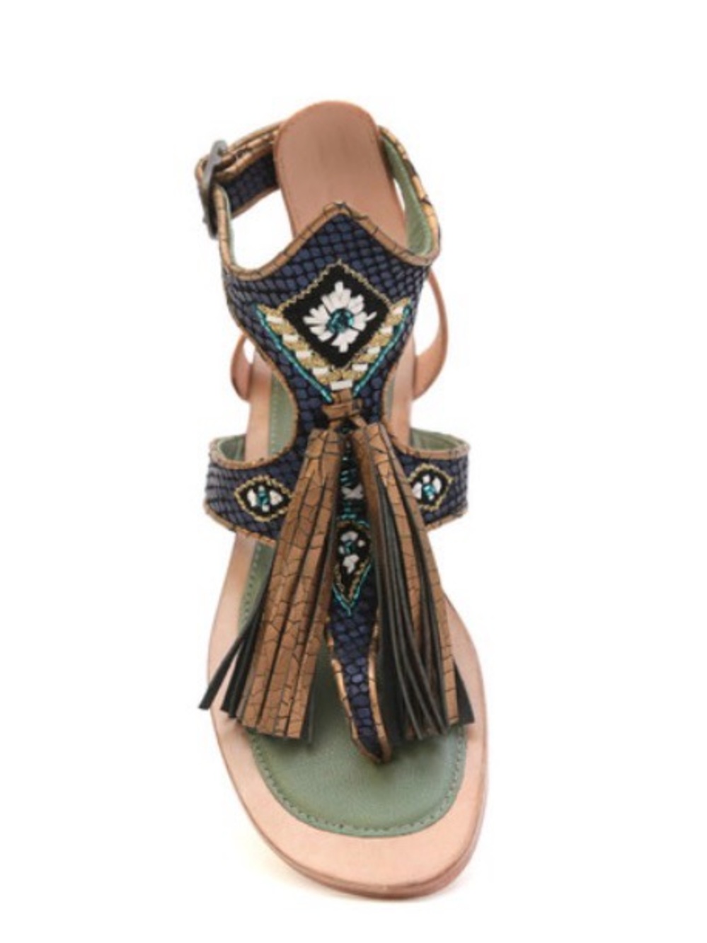 Meher Tiki Sofia Sandal Snake Blue Crackle Beaded Tassel Thong Size 37